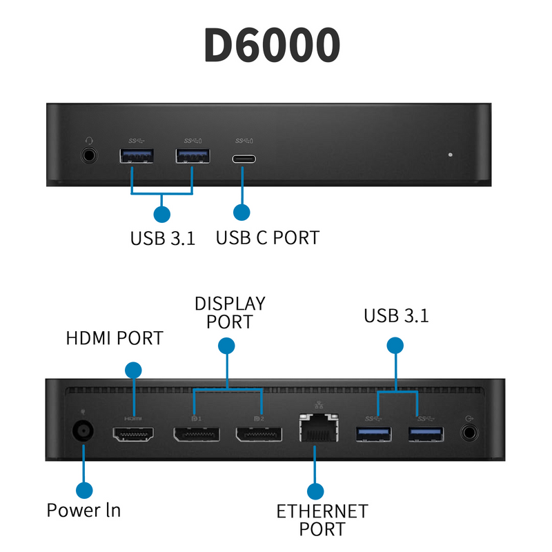 Dell Performance Universal Dock D6000, Docking Station D6000 with USB-C/USB-A PowerShare Options, Connect Upto Three 4K Displays + HDMI Cable + DisplayPort Cables