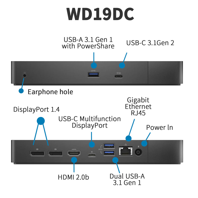 Dell Docking Station WD19DC 240W, Performance Dock WD19DC with 240W Power Adapter + 210W Power Delivery + ZoomSpeed HDMI Cable + ZoomSpeed DisplayPort Cables