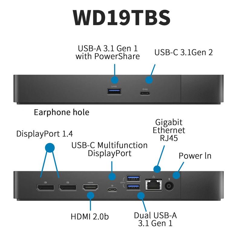 Dell WD19TBS Docking Station, Performance Dock WD19TBS with 180W Power Adapter + 130W Power Delivery + HDMI Cable + DisplayPort Cable