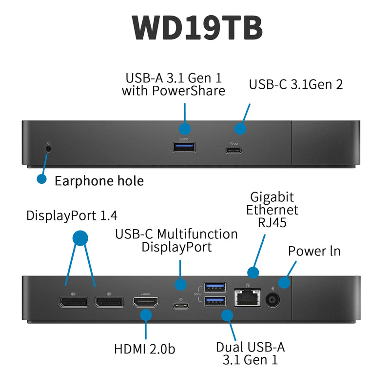 Dell WD19TB Docking Station, Performance Dock WD19TB with 180W Power Adapter + 130W Power Delivery + HDMI Cable + DisplayPort Cable