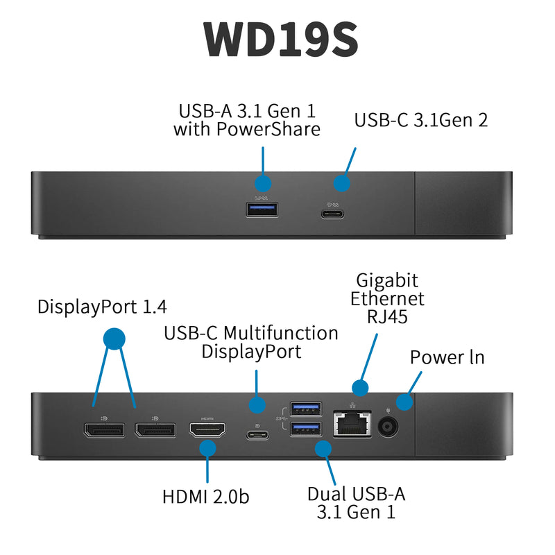 Dell Docking Station WD19S 180W, Performance Dock WD19S with 180W Power Adapter + 130W Power Delivery + HDMI Cable + DisplayPort Cable